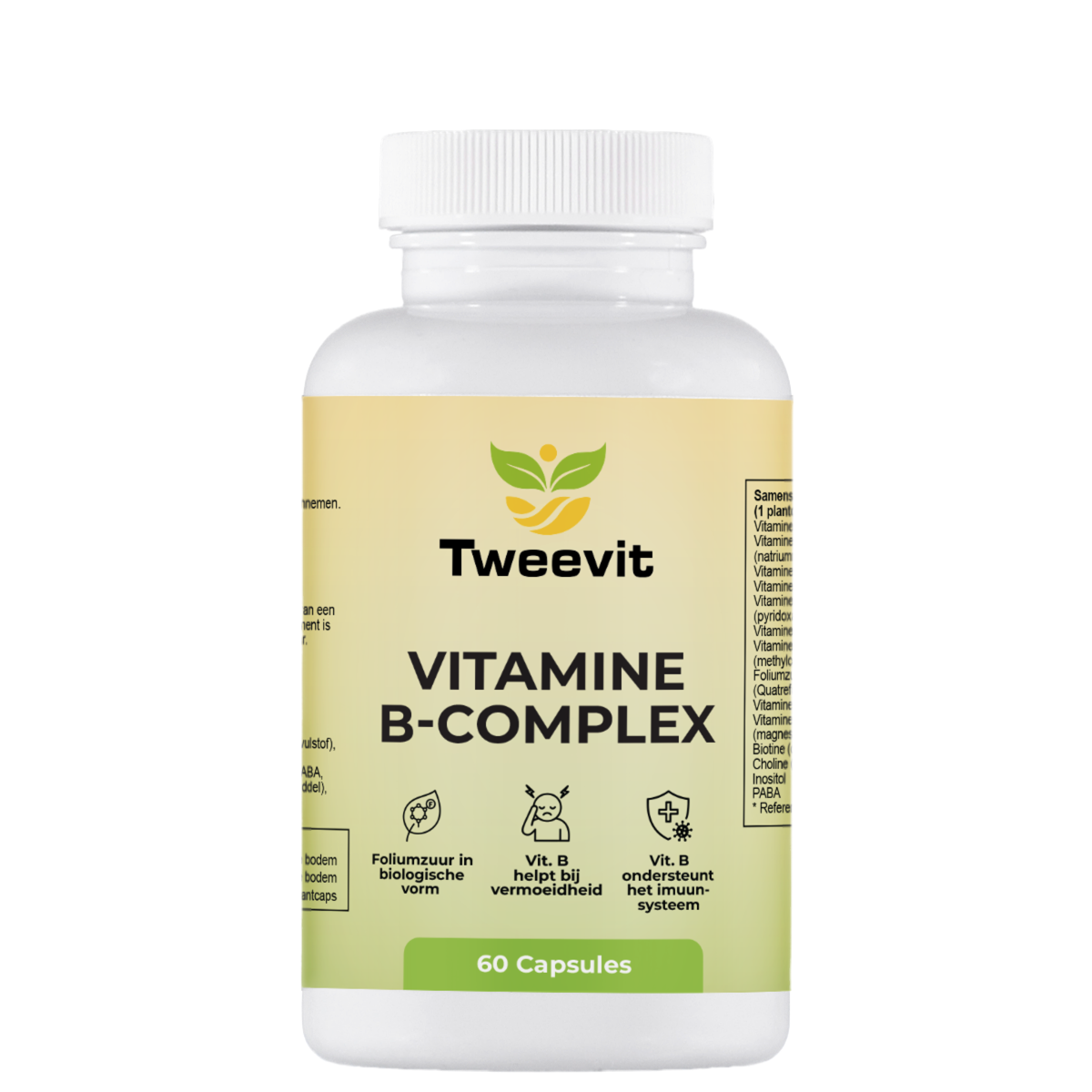 Tweevit Vitamine B-Complex pot met 60 plantaardige capsules – complete formule met actieve B-vitaminen, foliumzuur en biotine ter ondersteuning van energie en weerstand